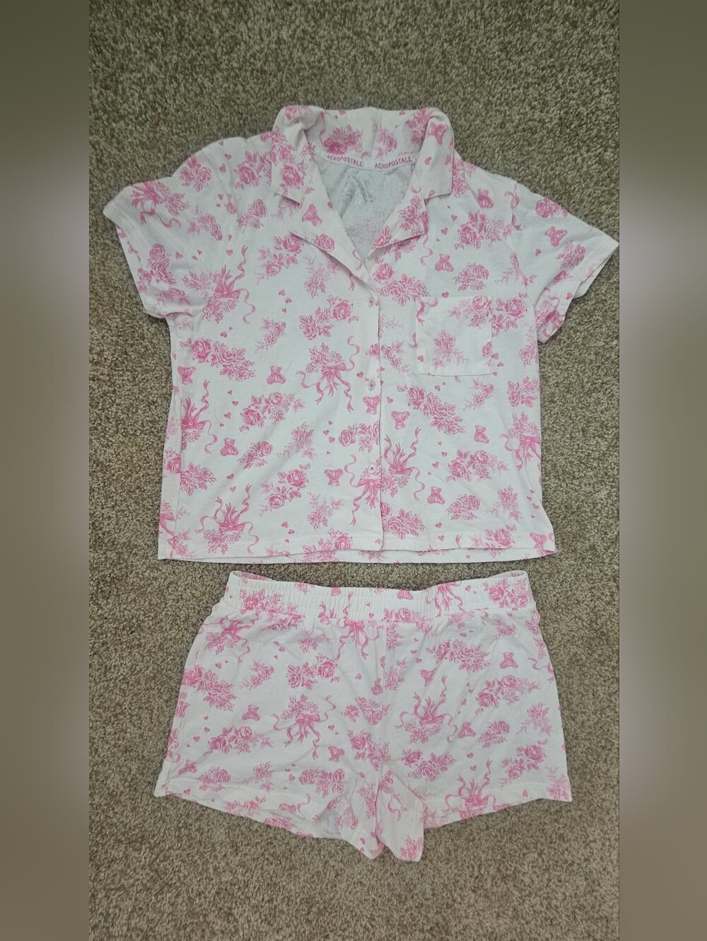 Aeropostale White and Pink Floral Short Pajama Set